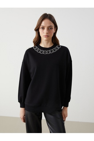 Lcw Modest Siyah Bisiklet Yaka Baskılı Oversize Kadın Sweatshirt