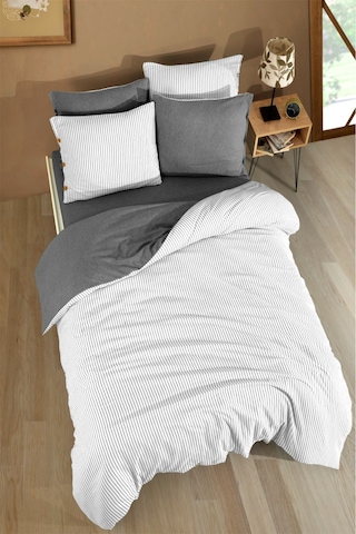 Çift Kişilik Pamuklu Çizgili Nevresim Takımı Düğmeli Model 200 X 220 Cm Antrasit