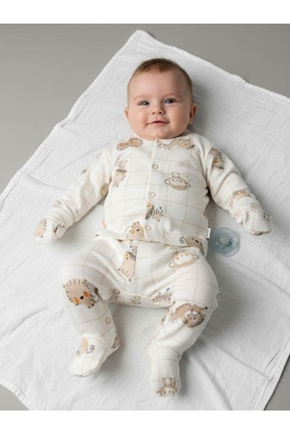 Zekids Bebek Pamuklu Eldivenli Üst Ve Patikli Altlı Pijama Takımı-16787 Bej
