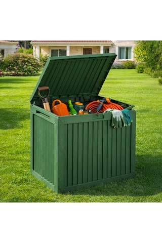 Porsima 161001-005 130lt Kilitli Organizer Kapaklı Bahçe Balkon Kiler Sandığı Çok Amaçlı Depolama Sandığı Yeşil Yeşil