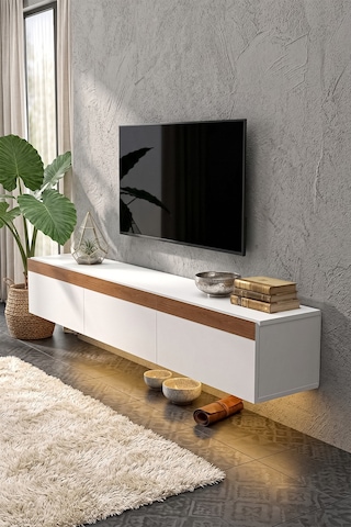Pureline Tech Led Işıklı Tv Ünitesi 180 Cm - Modern Tv Sehpası - Beyaz Çam