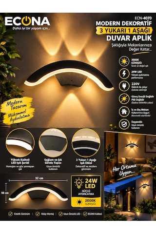 Modern Dekoratif 3 Yukarı 1 Aşağı Işık İzli Duvar Aplik - 3000k Günışığı 24w Ledli Dış/iç Mekan Aplik,ledli Lamba,led Lamba,duvar Aydınlatma