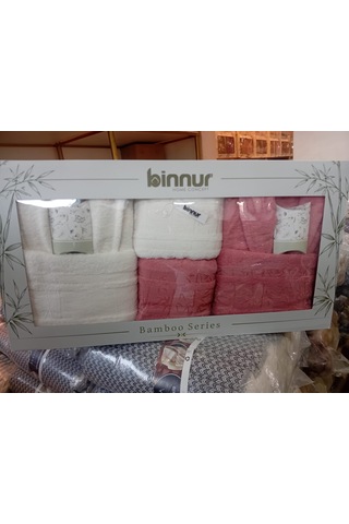 Yünteks Binnur Bamboo 8 Parça Aile Bornoz Takımı / %100 Pamuk / Aile Seti / Çeyizlik / Günlük / Modern / 1.kalite Beyaz - Pembe