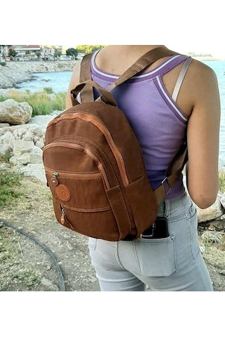 Fiyra S1 Kahve Renk Krinkıl Kumaş Dört Bölmeli Bayan Sırt Çantası-Kahverengi-Std