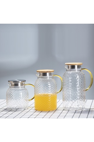 Hangfox 1.4l Büyük Kapasiteli Cam Soğuk Su Potu, Dayanıklı Borosilikat, Pirinç Desenli, Bambu Ve Çelik Kapaklı, Ev Kullanıma Uygun Çok Renkli