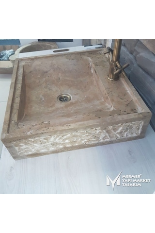 Noche Traverten Rustik Kare Lavabo - Batarya Çıkışlı