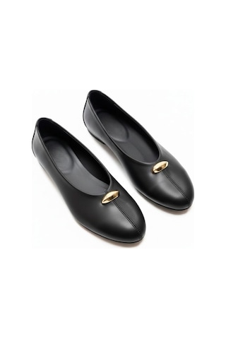 Ne&ve Shoes Siyah Hakiki Deri Gold Aksesuar Detaylı Kadın Günlük Babet