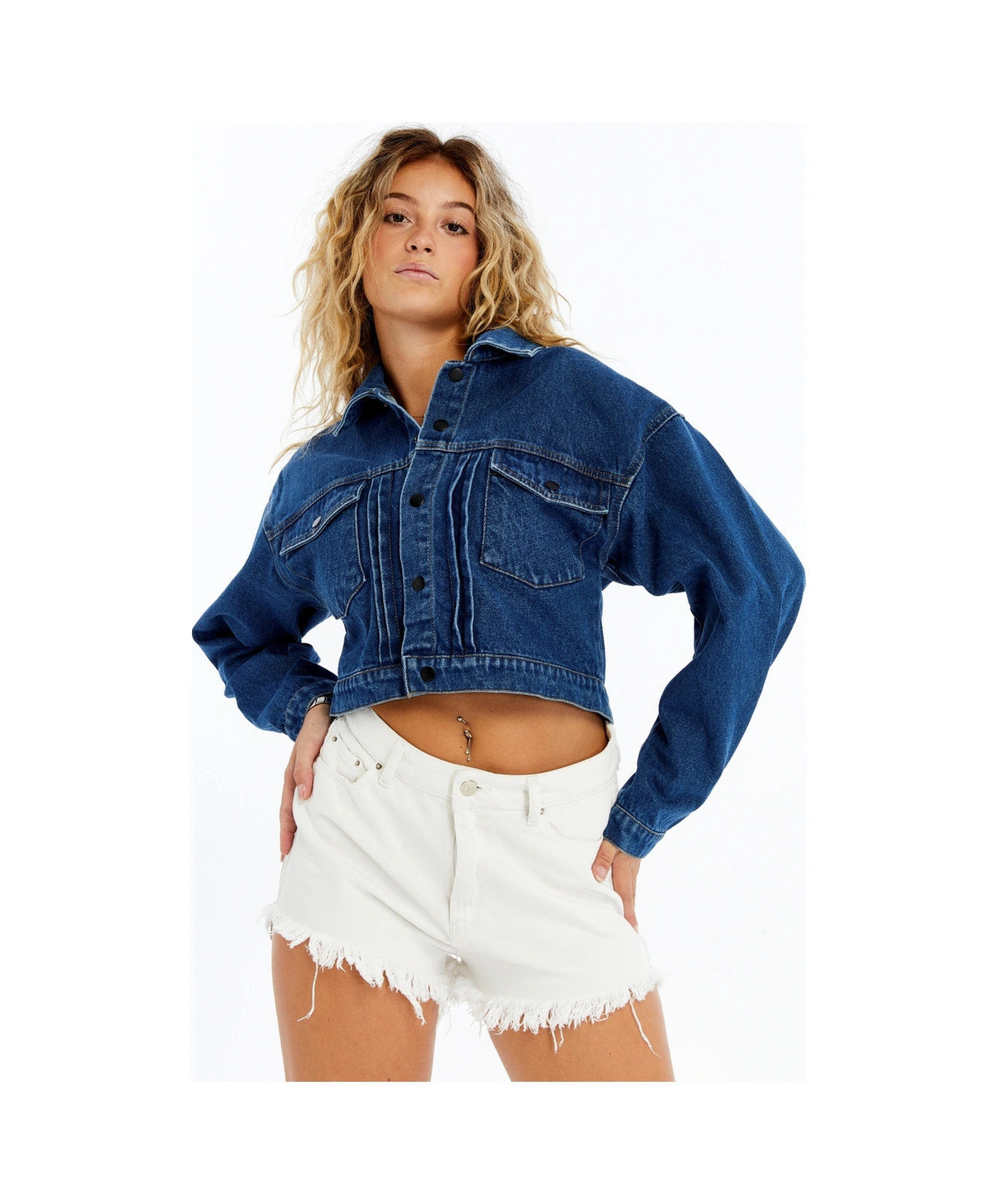 Kadın Kot Ceket Oversize Bomber Niş Tasarım Özgünlük Günlük Kullanıma Uygun Şık Mont Crop Kot Ceket Koyu Mavi