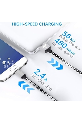 Usb Type-c Hızlı Şarj Kablosu, 1 Metre, 2.1a,  Naylon Örgülü Kopmaz Veri Kablosu, , Xiaomi, Ve Tüm Android Cihazlar İle Uyumlu, Gri