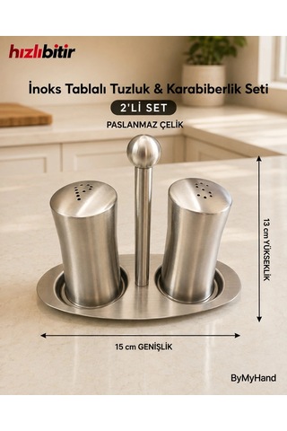 Bymyhand Paslanmaz Çelik Stantlı İnox Ev Lokanta Ve Restoran İçin Tuzluk Ve Karabiberlik 2'li Set Metalik Gri
