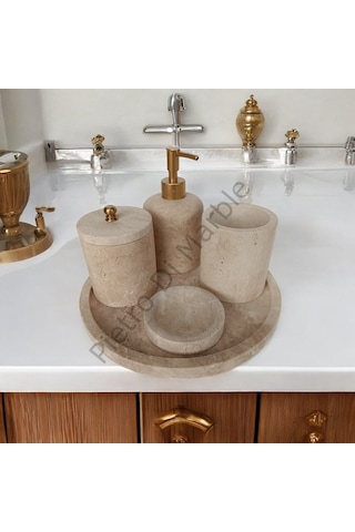 Sarı Traverten Klasik Model 5 Parça Mat Gold Renk Düğme Aksesuarlı Banyo Seti Sarı Traverten