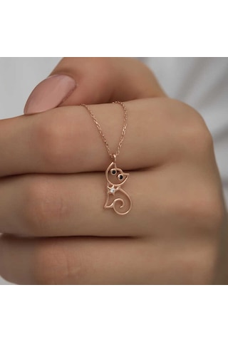 925 Ayar Gümüş Rose Kedi Kadın Gümüş Kolye Beyaz
