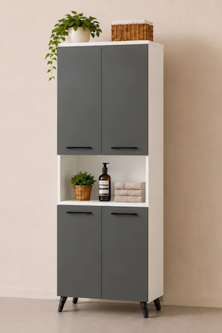 Reyo Enda Home Listra 4 Kapaklı Çok Amaçlı Dolap 170,8 Cm, Raflı, Ayaklı Depolama Dolabı Antrasit - Beyaz