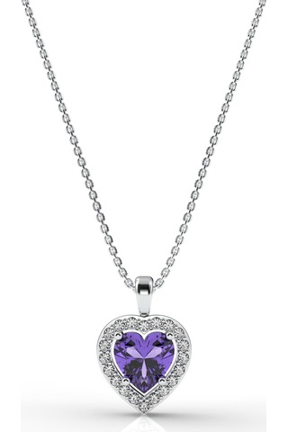 925 Ayar Ametist Taşlı Rodyum Pırlanta Görünümlü Kalp Gümüş Kolye Gümüş - Rodyum