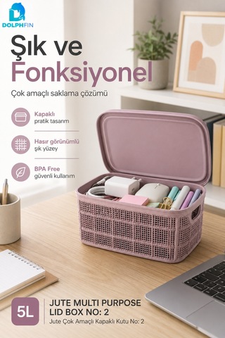 Jute Kapaklı Saklama Kutusu 5 L Plastik Mutfak Kiler Dolap İçi Organizer Mor