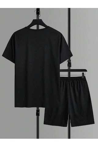 Basic Düz T-shirt Şort - Siyah Alt Üst Kombin Şort Tişört Takım Oversize Bisiklet Yaka Siyah