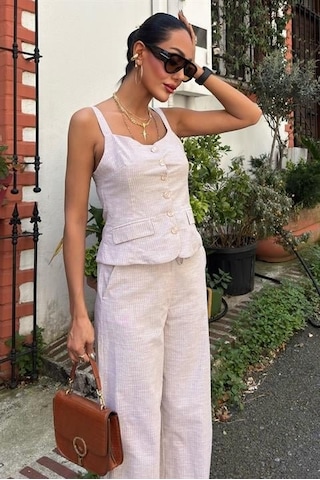 Soonaksesuar Kalın Askılı Bluz Pantolon Keten Takım 10187 Altın