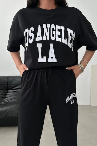 Los Angeles T-shirt Eşofman Altı Jogger- Siyah Baskılı Alt Üst Eşofman Takım Oversize Bisiklet Yaka Siyah
