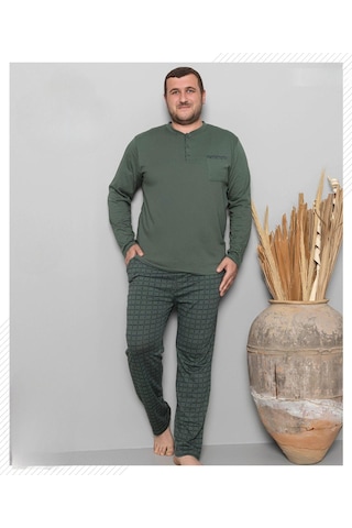 Pijamoni Erkek Battal Düğme Yaka Penye Uzun Kol Pijama Takımı 6720/7 - 1 Adet Yeşil