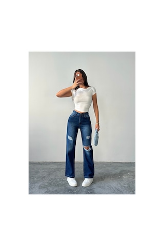 Blue Marlin Kadın Lazer Yırtık İşlemli Boyfriend Kot Bol Paça Pantolon Lacivert