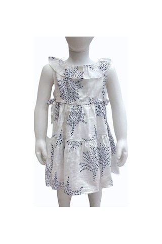 Çikoby Kız Bebek Çocuk Mavi Desenli Bel Lastikli Fırfırlı Elbise-13876 Beyaz