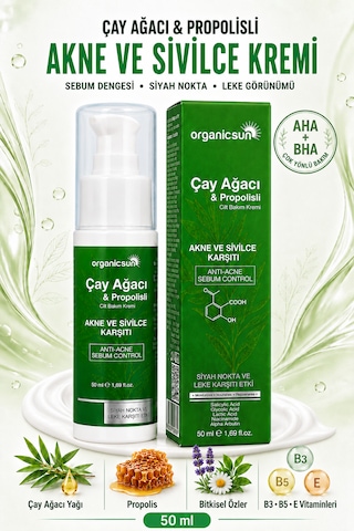 Organicsun Çay Ağacı Ve Propolisli Akne Ve Sivilce Karşıtı Cilt Bakım Kremi Siyah Nokta Ve Leke Görünümü Bakımı 50 Ml