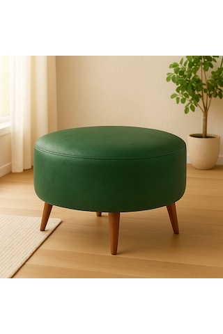Large Büyük Yuvarlak Modern Puf - 60 Cm - Deri Kumaş - Yeşil