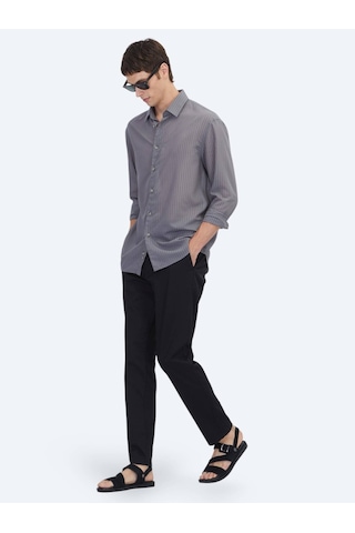 Kip Antrasit Çizgili Oversize Fit Dokuma Casual Gömlek Antrasit