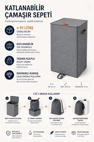 Esti 91 Litre Katlanabilir Kapaklı Çamaşır Sepeti - İç Torbalı, Sırt Çantası Olabilen Büyük Boy Kirli Sepeti Antrasit