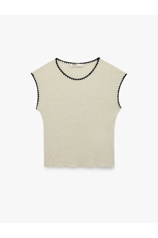 Koton Keten Karışımlı Slim Fit Nakış Detaylı Bisiklet Yaka Kolsuz Tişört Ekru 6sak50375ek