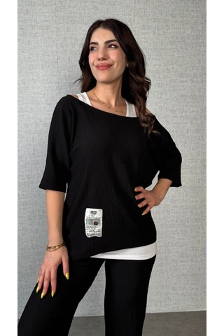 Sensuelle Kadın Kısa Kollu Omuzlardan Açık Yarasa Kollu Bürümcük Bluz Ve Pantolon Ve Viskon Atlet Siyah