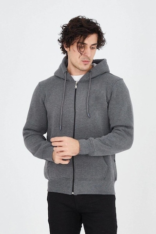 Vexor Erkek 3 İplik Pamuklu Fermuarlı Kapüşonlu Kanguru Cepli Hoodie Hırka Sweatshirt - Füme 4118168