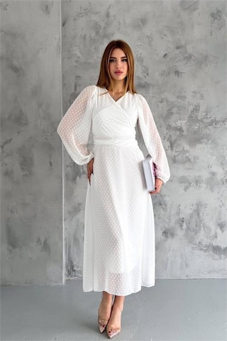 Neşeli Butik Kadın Kemer Detaylı Astarlı Ponpon Şifon Elbise Nbkklf2052 Ekru