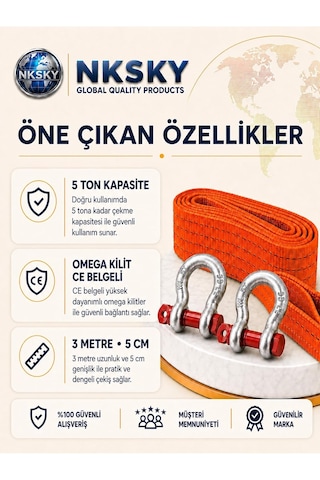 Tr 5 Ton Araç Çekme Halatı 3 Metre 5 Cm Genişlik Ce Belgeli Omega Kilit Oto Çeki Halatı Turuncu