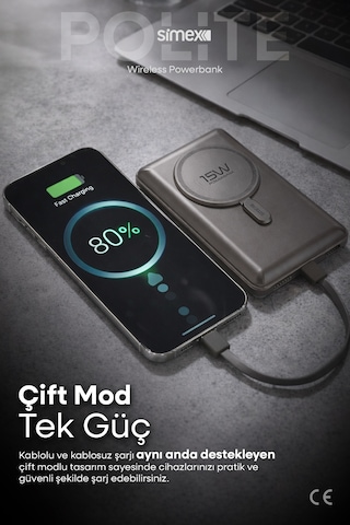 Simex 10.000mAh MagSafe Powerbank 15W Wireless / 22.5W Hızlı Şarj - Dahili Type-C Lightning Kablolu S-38