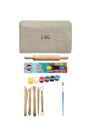 Beyaz Seramik Hamuru 2 Kg Kil Ebeşuar Seti 6x15 Ml Guaj Merdane