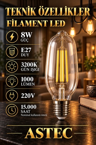 Astec E27 Edison Gün Işığı Ampul 8 Watt 3200k Gün Işığı Dekoratif Filament Led
