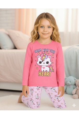 Kız Çocuk Uzun Kollu %100 Pamuklu Pijama Takımı Unicat Şeker Pembe
