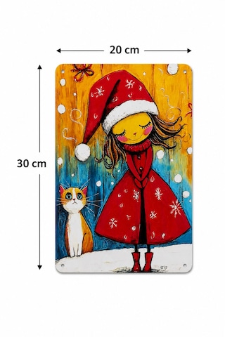 Upeka Kedi Ve Kız Noel Temalı Şık Modern Tasarım Dekorasyon Metal Duvar Tablo 30cmx20cm