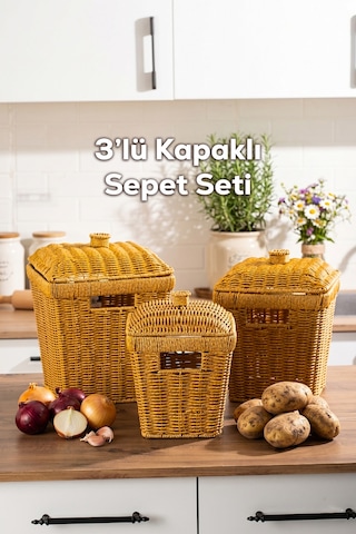 Porsima Pbt-919-2 3lü Hasır Sepet Kapaklı Bambu Sepet Seti Dekoratif Banyo Mutfak Düzenleyici Patates Soğan Sepeti Organizeri Ahşap