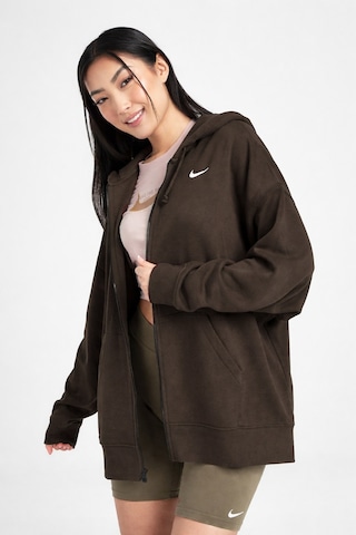 Nike Sportswear Essentials Oversize Fleece Full Zip Hoodie Kadın Oversize Kapüşonlu Sweatshirt Kahverengi Kahverengi