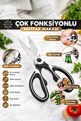 Porsima Pbt-934 Çok Fonksiyonlu Paslanmaz Çelik Mutfak Makası 20 Cm - Koruyucu Kılıflı Et, Tavuk, Balık Kesme & Ceviz Kıracaklı Mutfak Makası Siyah