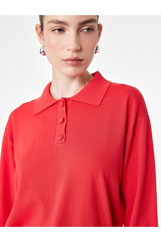Koton Regular Fit Uzun Kollu Yarım Düğmeli Polo Yaka Triko Kazak Kırmızı 7wak90281ht