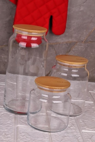 Zone - 3'lü Cam Saklama Kabı 600ml-800ml-1300ml Vakumlu Bambu Kapaklı Sku: Smgstk2819dbc246