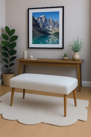 Waterybrook Bench Bank - Keten Kumaş - Ceviz Ahşap Ayaklı - 90x45 Cm - Modern Retro Tasarım - Oturma Pufu Krem