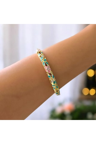 Yeşil Yapraklı Pembe Çiçek Mineli Çelik Bilezik Gold