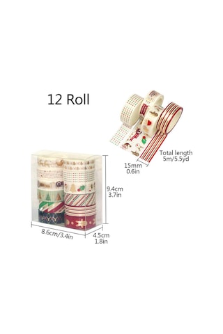 12 Rulo Noel Washi Bant Seti, Altın Maskeleme Bandı, İnce Dekoratif Renkli Bantlar, Noel Tasarımları, El Sanatları Bantları 1,5 Cm X 5 M 12