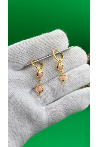 Kadın Gold Renk Kalpli Küpe Pembe