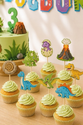 Dinazor Temalı Doğum Günü Parti Seti, İyi Ki Doğdun Flama, Cupcake Ve Pasta Süsü Happy Birthday Dijital Baskı