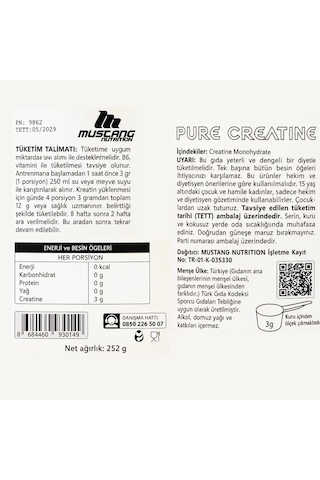 Mustang Nutrition Creatine Monohydrate Kreatin 252 Gr 84 Servis + Shaker + Protein Kahve Hediyeli Aromasız